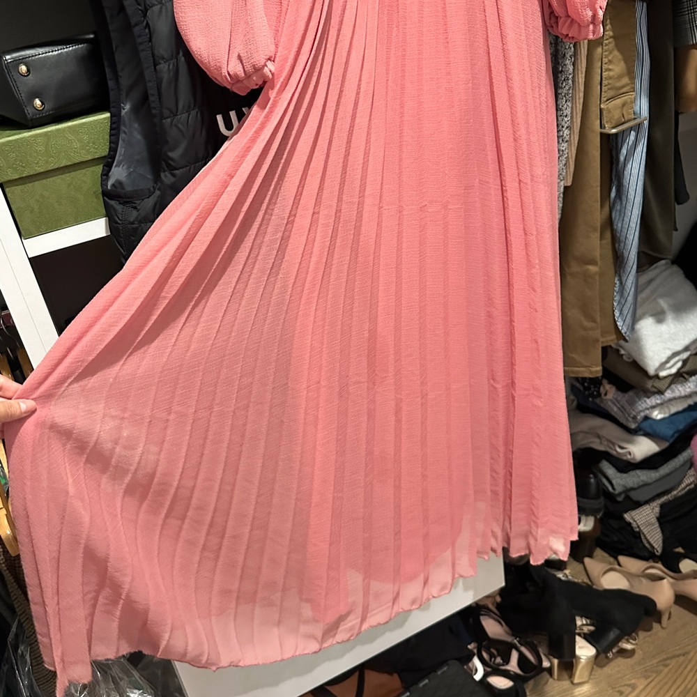 ASOS Pink Midi Dress with Smocked Bodice and Puff Sleeves - Picture 6 of 9